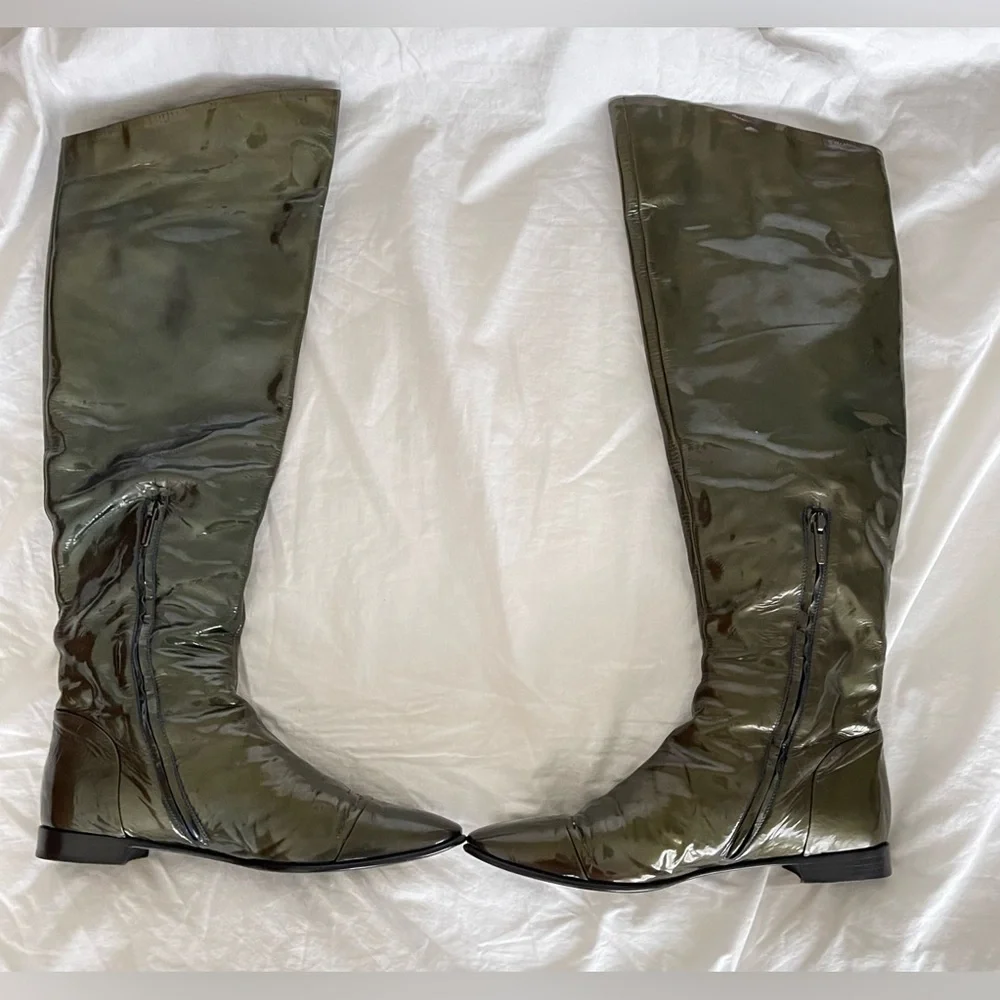 Sergio Rossi Patent Leather Over-the-Knee Boots Olive Green Size 38 Made in Ital